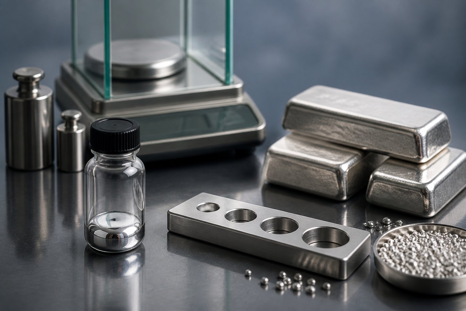 A sealed vial of mercury beside silver bullion, precision weights, and a laboratory scale on a clean tabletop.