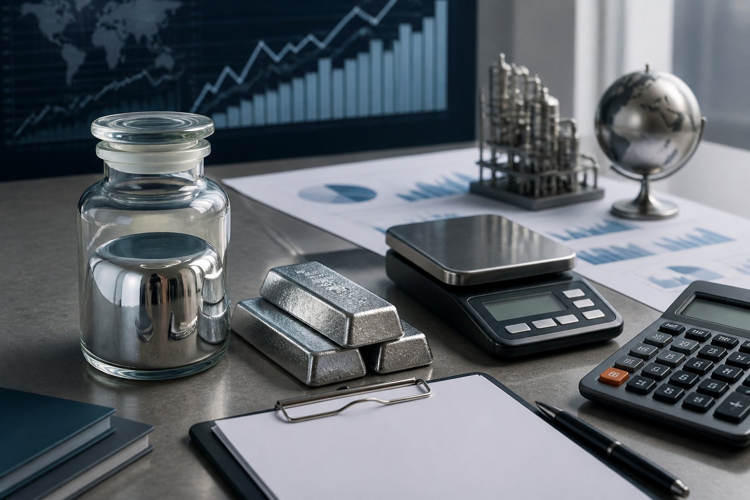 Silver bullion and a sealed mercury vessel arranged with financial analysis tools on a professional workspace.