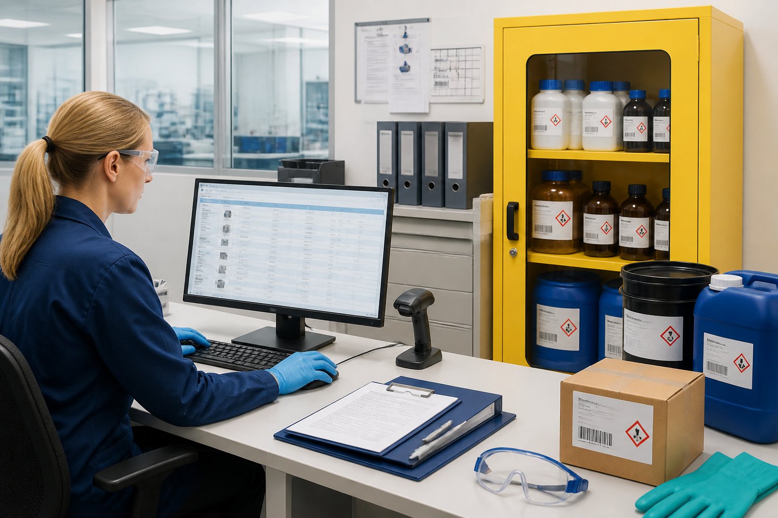 A procurement specialist reviews supplier information beside secure hazardous-material storage in a clean industrial office.