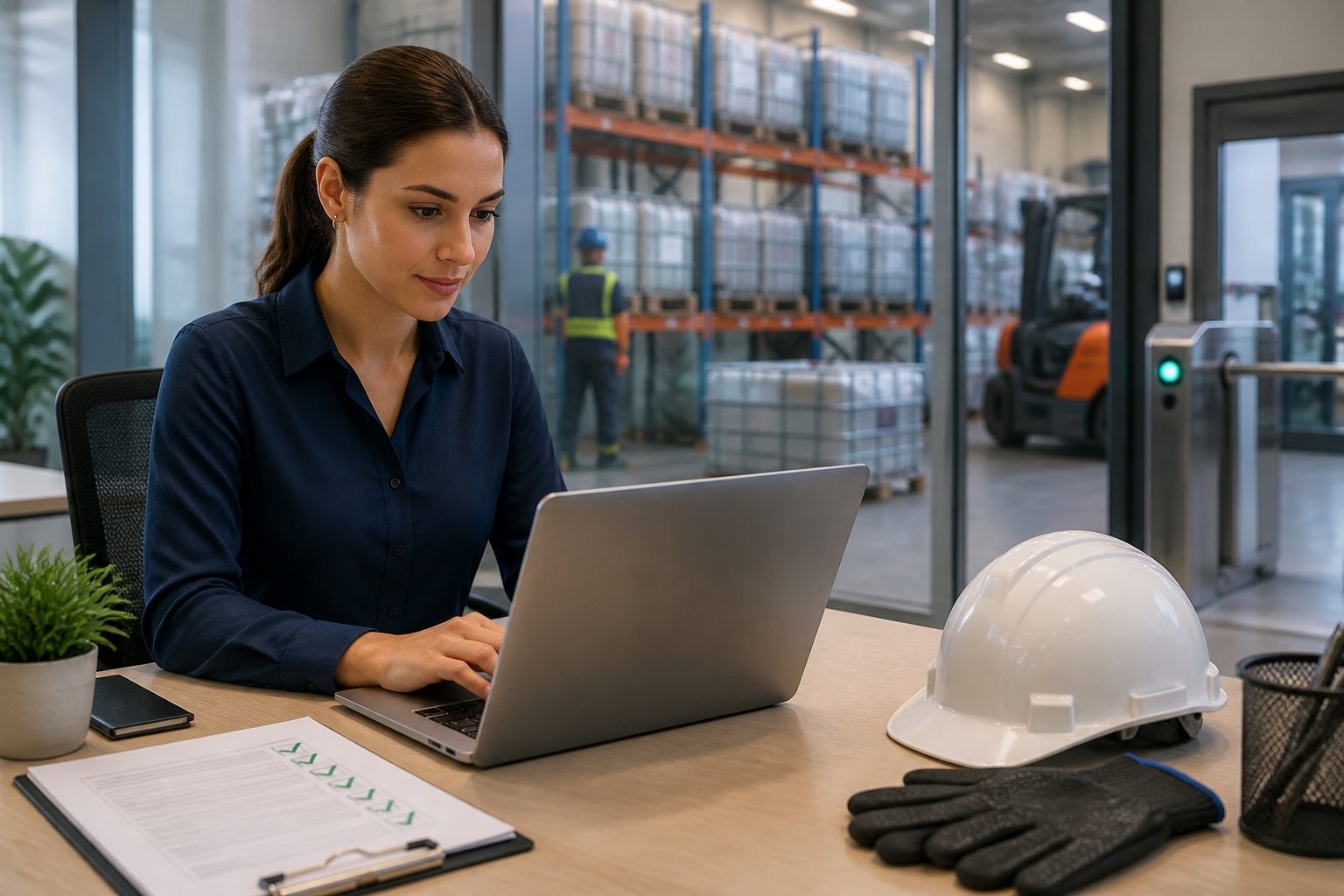 A purchasing professional reviews supplier information at a desk in a secure industrial facility.